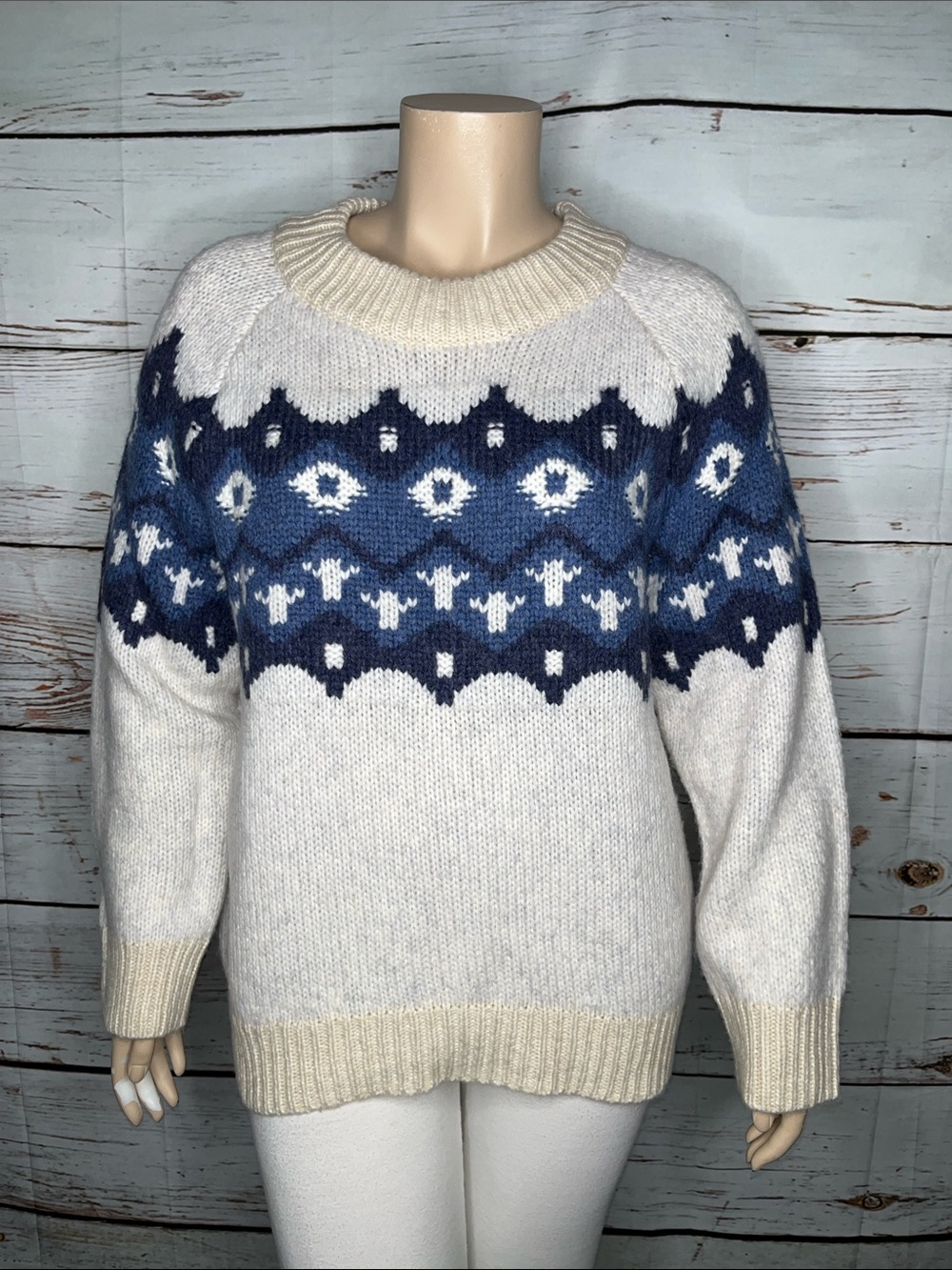 Aerie NWT Size XL White - Blue Fair Isle Wool Blend Chunky Knit Sweater Top
